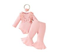 Raopuzi Conjunto Largo de Ropa de Bebe Niña Traje Recien Nacido de 3 Piezas con Lazo y Florales Body de Manga Larga+Pantalones de Campana con Volantes +Diadema Lazo Conjuntos de Punto Color Liso