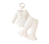 Raopuzi Conjunto Largo de Ropa de Bebe Niña Traje Recien Nacido de 3 Piezas con Lazo y Florales Body de Manga Larga+Pantalones de Campana con Volantes +Diadema Lazo Conjuntos de Punto Color Liso