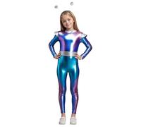 Raopuzi Disfraz Alien Niña Disfraces Carnaval Mono de una Pieza Plateado Y Azul con Holograma Metálico, Cuerpo Entero Traje Espacial Brillante para Extraterrestre Halloween