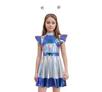 Raopuzi Disfraz Alien Niña Disfraces Carnaval Vestido Plateado Y Azul con Holograma Metálico Traje Espacial Brillante Minifaldas Y Diadema de Alienígena Vestidos Chica para Extraterrestre Halloween