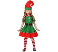 Raopuzi Disfraz de Elfo de Navidad para Niña Vestido Elfa Duende Bebe con Gorro y Medias Traje Navideño Infantil Conjunto de Vestidos Verde y Rojo Ropa de Fiesta Escolar y Espectáculos para Niñas