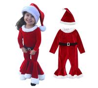 Raopuzi Disfraz Navidad Bebe Niña, Traje Papa Noel, Disfraces Mi Primera Navidad, Trajes Navideñas, Conjunto Mono, Cosplay con Pantalones Acampanado con Gorro, Terciopelo Roja Regalos para Niñas