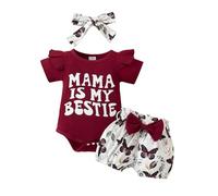 Raopuzi Ropa de Bebe Niña Recien Nacido, Conjunto Body Manga Corta con Volante, Pantalones Y Diadema Bowknot para Bebé con Estampado de Letras Feliz Primer Dia de la Madre Regalo para Mama Primeriza