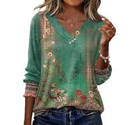 Rapbin Blusa Mujer Manga 3/4 Camisa Elegante Cuello de Pico Túnica Verano Tops Casual Top con Botones 2026, Flor verde, L
