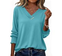 Rapbin Blusa para mujer de manga 3/4 elegante con cuello en V, túnica de verano, top casual con botones, 2026, turquesa, XL