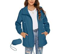 Rapbin - Chubasquero para mujer, impermeable, ligero, cortavientos, plegable, con capucha, para correr al aire libre, azul (pavo real), M