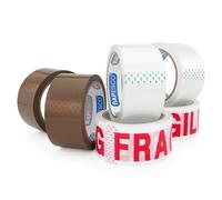 Rapesco 1687 Cintas de Embalaje, 50 mm de ancho, Paquete con 6 Rollos de Cinta, 2 x Marrón, 2 x Transparente, 2 x FRÁGIL