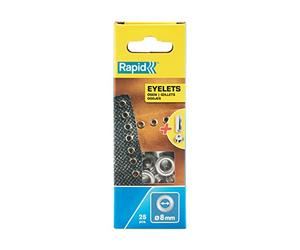 Rapid Caja de 25 Ojales de Aluminio Latonado Ø8 mm para Aplicaciones en Zapatos, Bolsos, Artículos de Piel y Ropa, Incluye Herramienta de Remache (5000411)