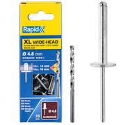 Rapid Caja de 25 Remaches de Aluminio XL Cabeza Ancha Ø4.8 x 20 mm Gran Superficie de Sujeción, para Fijar Lonas, Tejidos, Gomas y Redes, con Broca para Taladro (5000667)