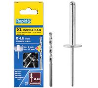 Rapid Caja de 40 Remaches de Aluminio XL Cabeza Ancha Ø4.8 x 12 mm Gran Superficie de Sujeción, para Fijar Lonas, Tejidos, Gomas y Redes, con Broca para Taladro (5000664)