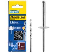 Rapid Caja de 40 Remaches de Aluminio XL Cabeza Ancha Ø4.8 x 16 mm Gran Superficie de Sujeción, para Fijar Lonas, Tejidos, Gomas y Redes, con Broca para Taladro (5000665)