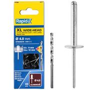 Rapid Caja de 40 Remaches de Aluminio XL Cabeza Ancha Ø4 x 16 mm Gran Superficie de Sujeción, para Fijar Lonas, Tejidos, Gomas y Redes, con Broca para Taladro (5000662)