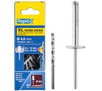 Rapid Caja de 40 Remaches de Aluminio XL Cabeza Ancha Ø4 x 18 mm Gran Superficie de Sujeción, para Fijar Lonas, Tejidos, Gomas y Redes, con Broca para Taladro (5000663)