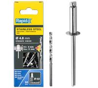 Rapid Caja de 50 Remaches de Acero Inoxidable Ø4.8 x 14 mm Adecuados para Fijar Guardabarros, Cubiertas Metálicas y Plásticas, Señalización y Chapas, Incluye Broca para Taladro (5001461)