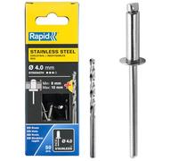Rapid Caja de 50 Remaches de Acero Inoxidable Ø4 x 14 mm Adecuados para Fijar Guardabarros, Cubiertas Metálicas y Plásticas, Señalización y Chapas, Incluye Broca para Taladro (5000395)