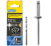 Rapid Caja de 50 Remaches de Acero Inoxidable Ø4 x 6 mm Adecuados para Fijar Guardabarros, Cubiertas Metálicas y Plásticas, Señalización y Chapas, Incluye Broca para Taladro (5001460)