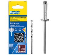 Rapid Remaches de Aluminio de Gran Resistencia, Ø3,2 x 6 mm - Remaches para Guardabarros, Cubiertas de Metal y Plástico, Señalización y más - Incluye Taladro - 50 Unids. Embalaje de Cartón (5001528)