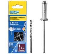 Rapid Caja de 50 Remaches de Aluminio Ø4.8 x 10 mm Adecuados para Fijar Guardabarros, Cubiertas Metálicas y Plásticas, Señalización y Chapas, Incluye Broca para Taladro (5000387)