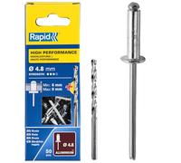 Rapid Caja de 50 Remaches de Aluminio Ø4.8 x 12 mm Adecuados para Fijar Guardabarros, Cubiertas Metálicas y Plásticas, Señalización y Chapas, Incluye Broca para Taladro (5000388)