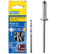 Rapid Caja de 50 Remaches de Aluminio Ø4.8 x 14 mm Adecuados para Fijar Guardabarros, Cubiertas Metálicas y Plásticas, Señalización y Chapas, Incluye Broca para Taladro (5000389)