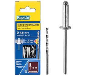 Rapid Caja de 50 Remaches de Aluminio Ø4.8 x 25 mm Adecuados para Fijar Guardabarros, Cubiertas Metálicas y Plásticas, Señalización y Chapas, Incluye Broca para Taladro (5000392)