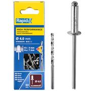 Rapid Caja de 50 Remaches de Aluminio Ø4 x 10 mm Adecuados para Fijar Guardabarros, Cubiertas Metálicas y Plásticas, Señalización y Chapas, Incluye Broca para Taladro (5001459)
