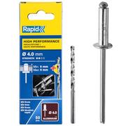 Rapid Caja de 50 Remaches de Aluminio Ø4 x 12 mm Adecuados para Fijar Guardabarros, Cubiertas Metálicas y Plásticas, Señalización y Chapas, Incluye Broca para Taladro (5000384)