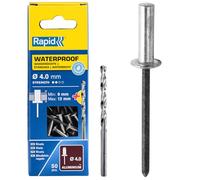Rapid Caja de 50 Remaches de Aluminio Impermeables Waterproof Ø4.8 x 14 mm Adecuados para Fijar Contenedores de Líquidos, Canalones, Bajantes, Cubiertas Exteriores, con Broca para Taladro (5000402)