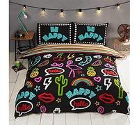 Rapport Funky Neon - Juego de Funda de edredón Reversible a Rayas, polialgodón, Color Negro, Cama Doble