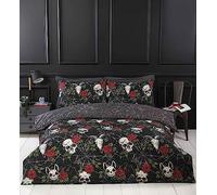 Rapport Home Juego de Funda de edredón Reversible con diseño de Calaveras y | Incluye 2 fundas de almohada. Estampado de calavera floral negra gótica. Poliéster suave y fácil de limpiar