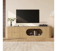 RAPRAP Mueble Bajo de TV de 172 cm con Frente 3D y Vitrina de Vidrio Oval - Concepto de Almacenamiento Versátil, Apariencia de Madera Natural y Amplia Superficie de Trabajo, Mueble de TV Moderno