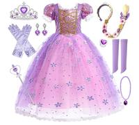 Rapunzel - Disfraz de princesa Rapunzel con corona, varita de hada y collar, vestido de princesa Rapunzel, disfraz de cosplay para cumpleaños, Halloween, Navidad, carnaval, A-100