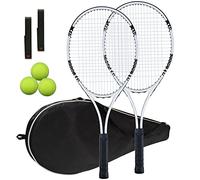 Raquetas de tenis para 2 jugadores recreativas para adultos, raquetas de tenis ligeras para entrenamiento de estudiantes principiantes, juego de raquetas de tenis con bolsa de transporte, cintas de agarre, pelotas de tenis (blanco/negro, juego de 2 raquetas)