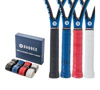 Raquex - Grip de Poliuretano para Raquetas de Tenis, Squash y bádminton, Paquete de 4 Grip Autoadhesivo para Raquetas. Caja Regalo de cartón reciclable (Negro, Azul, Rojo, Blanco)