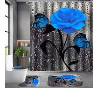 Rare and Precious - Juego de Cortinas de Ducha con alfombras Antideslizantes, Cubierta de Tapa de Inodoro y Alfombrilla de baño, Cortina de baño Impermeable Duradera con 12 Ganchos (Azul-Rosa)