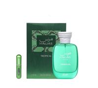 Rasasi Hawas Tropical Eau de Parfum 100ml, Perfume Árabe para Hombre de Larga Duración, Incluye Atomizador Recargable, Fragancia con Notas de Agua de Coco, Higuera, Menta y Haba Tonka (Hawas Tropical)