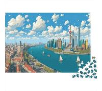 Rascacielos icónicos,Rompecabezas para Adultos 1000pcs (75x50cm),Juegos De Desafío De Cielo Azul Claro y Nubes Blancas