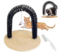 Rascador de arco para gatos con auto peluquero, juguete de arco para gatos 3 en 1 con almohadilla de madera para rascar, cepillo de cerdas y mouse interactivo, masajeador de mascotas para cara y