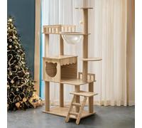 Rascador de Madera de 135 cm, Grande, Estable, Moderno, con condominio, Escalera, Cuenco, 9 Bolas de Juguete de sisal, rascador para Gatos Grandes (KT-022)