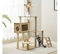 Rascador de Madera de 135 cm, Grande, Estable, Moderno, con condominio, Escalera, Cuenco, árbol rascador Grande