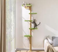Rascador de pared de 210 cm de alto, para gatos, árbol, pared, columna rascadora, 5 pisos, de madera natural con suave tela de felpa verde, pared para gatos para escalada, rascar y jugar