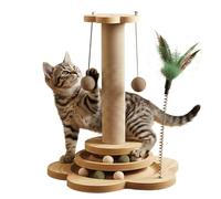 Rascador para Gatos de Madera con Circuito de Bolas, Poste 4 en 1 de Sisal Natural, Torre Interactiva con Pluma y Catnip, Árbol Estable para Gatitos de Interior, Diseño Moderno (28 * 40cm)