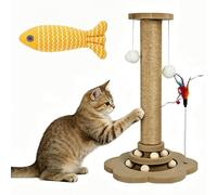 Rascador para Gatos de Sisal Natural, Juguete Interactivo 4 en 1 para Gatitos con Circuito de Bolas y Varita de Plumas, Árbol Rascador de Madera Estable para Pisos y Espacios (46CM,MDF Version)