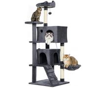 Rascador para Gatos PawHut de 140 cm de Altura, árbol multinivel para Gatos con 3 Postes rascadores, 2 grutas, Perrera, Hamaca, 2 Pompones, Plataforma y Escalera, Torre para Gatitos, Felpa, Gris