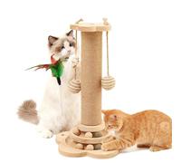 Rascador pequeño para gatos, 25 x 50 cm, de sisal natural y madera, juguete interactivo para gatos con bolas colgantes, juguete de plumas, autoempleo, tronco rascador, juguetes para gatos de interior