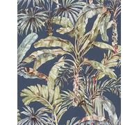 Rasch 485288 Palmeras y hojas en azul sobre verde de la colección Florentine III de 10,05 m x 0,53 m (largo x ancho).