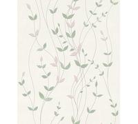 Rasch Deco Style 416039 - Papel pintado de fieltro en color blanco crema con estructura y pequeñas hojas en beige y verde