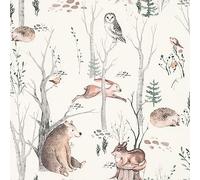 Rasch Papel pintado 300048 con animales del bosque en color beige, marrón y verde; papel pintado para habitación infantil - 10,05 m x 0,53 m (largo x ancho)