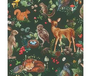 Rasch Papel pintado 300338, color verde oscuro con animales del bosque en estilo vintage, 10,05 m x 0,53 m (largo x ancho)