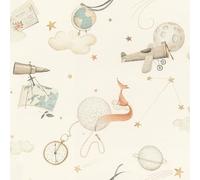 Rasch Papel pintado 302219 - Papel pintado no tejido con diseño de explorador en beige con nubes, brújula y estrellas, colección Kids World